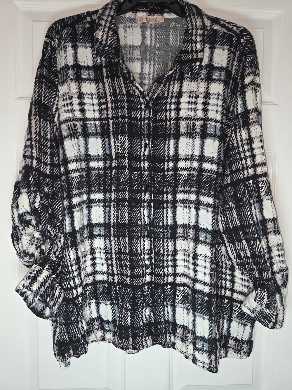 Philosophy Plaid Button-Front Blouse in Black, White & Light Pink